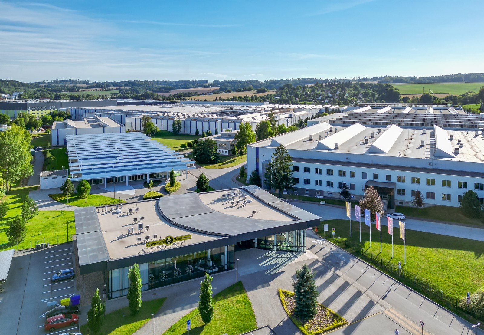 The Akademie AGROSTROJ campus and the AGROSTROJ Pelhřimov halls from the air
